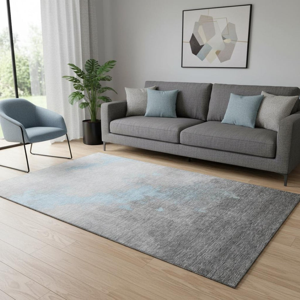 HomeRoots 8' Blue and Gray Abstract Washable Round Rug - UV Protection, Non-Slip, Perfect for High Traffic Areas 706706
