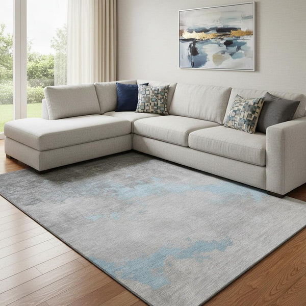 HomeRoots 9' X 12' Washable Blue and Gray Abstract Area Rug with UV Protection for Modern Living Spaces 706708