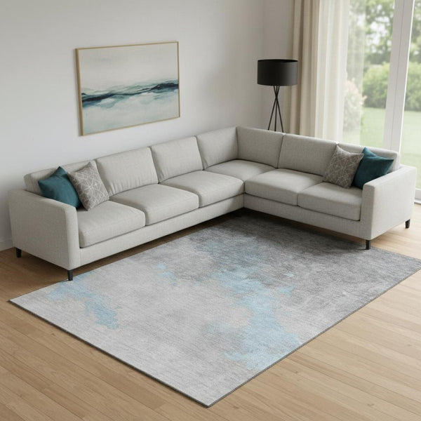 HomeRoots 10' X 14' Blue And Gray Abstract Washable Area Rug – Durable, Stylish, UV-Protected for Active Homes 706709