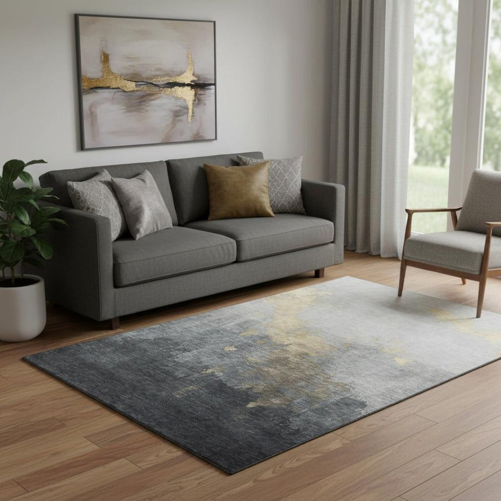 HomeRoots 8' Gold and Gray Abstract Round Washable Rug with UV Protection - Stylish, Durable, Easy-Care Design 706712