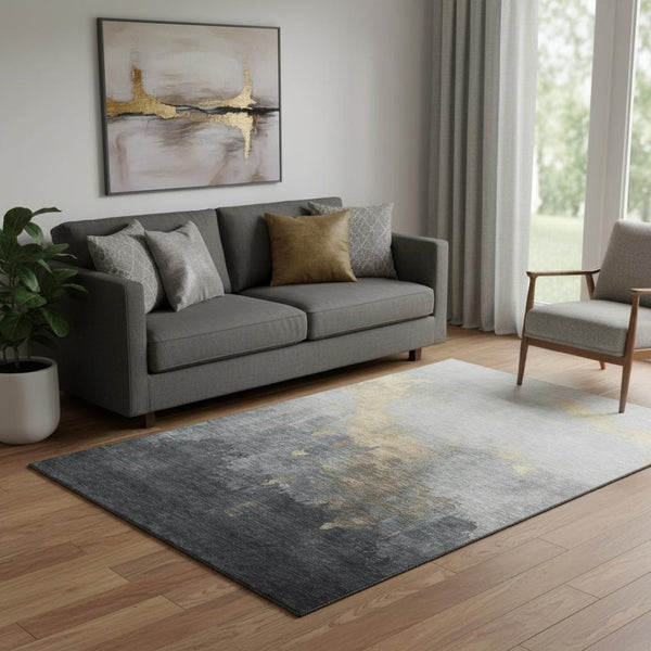 HomeRoots 8' Gold and Gray Abstract Round Washable Rug with UV Protection - Stylish, Durable, Easy-Care Design 706712
