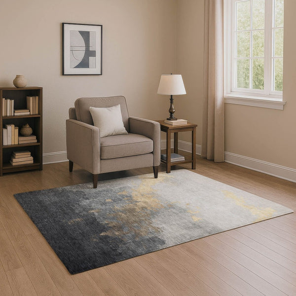 HomeRoots 8' Gold and Gray Abstract Round Washable Rug with UV Protection - Stylish, Durable, Easy-Care Design 706712