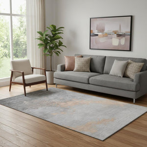 HomeRoots 8' Peach and Gray Abstract Washable Round Rug - Durable, UV-Protected, Pet-Friendly for Modern Spaces 706724