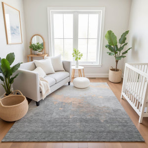 HomeRoots 8' Peach and Gray Abstract Washable Round Rug - Durable, UV-Protected, Pet-Friendly for Modern Spaces 706724