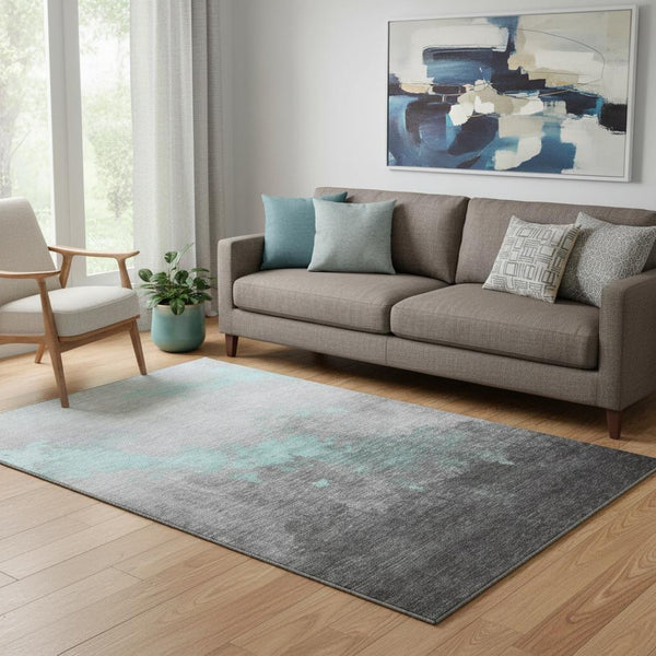 HomeRoots 8' Washable Teal and Gray Abstract Round Rug with UV Protection - Stylish, Durable, and Easy Care! 706730