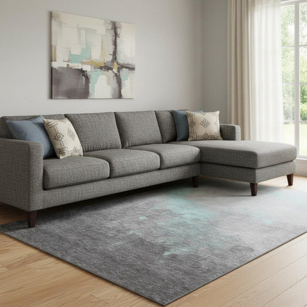 HomeRoots 9' X 12' Teal and Gray Washable Area Rug - Modern Abstract Design with Stain Resistance & UV Protection 706732