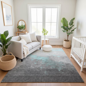HomeRoots 9' X 12' Teal and Gray Washable Area Rug - Modern Abstract Design with Stain Resistance & UV Protection 706732