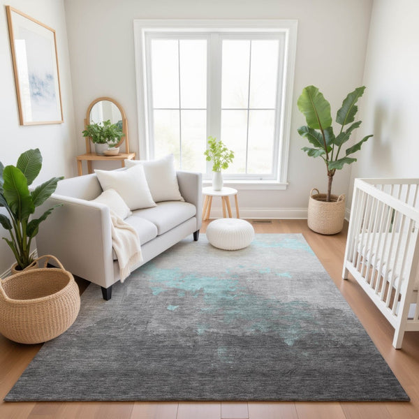 HomeRoots 9' X 12' Teal and Gray Washable Area Rug - Modern Abstract Design with Stain Resistance & UV Protection 706732