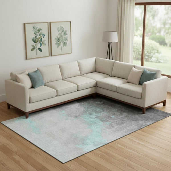 HomeRoots 10' Modern Teal and Gray Abstract Washable Area Rug with UV Protection – Perfect for Kids & Pets! 706733