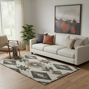 HomeRoots 8' Beige and Charcoal Southwestern Round Rug – Durable, Washable, UV-Protected for Stylish Spaces 706736