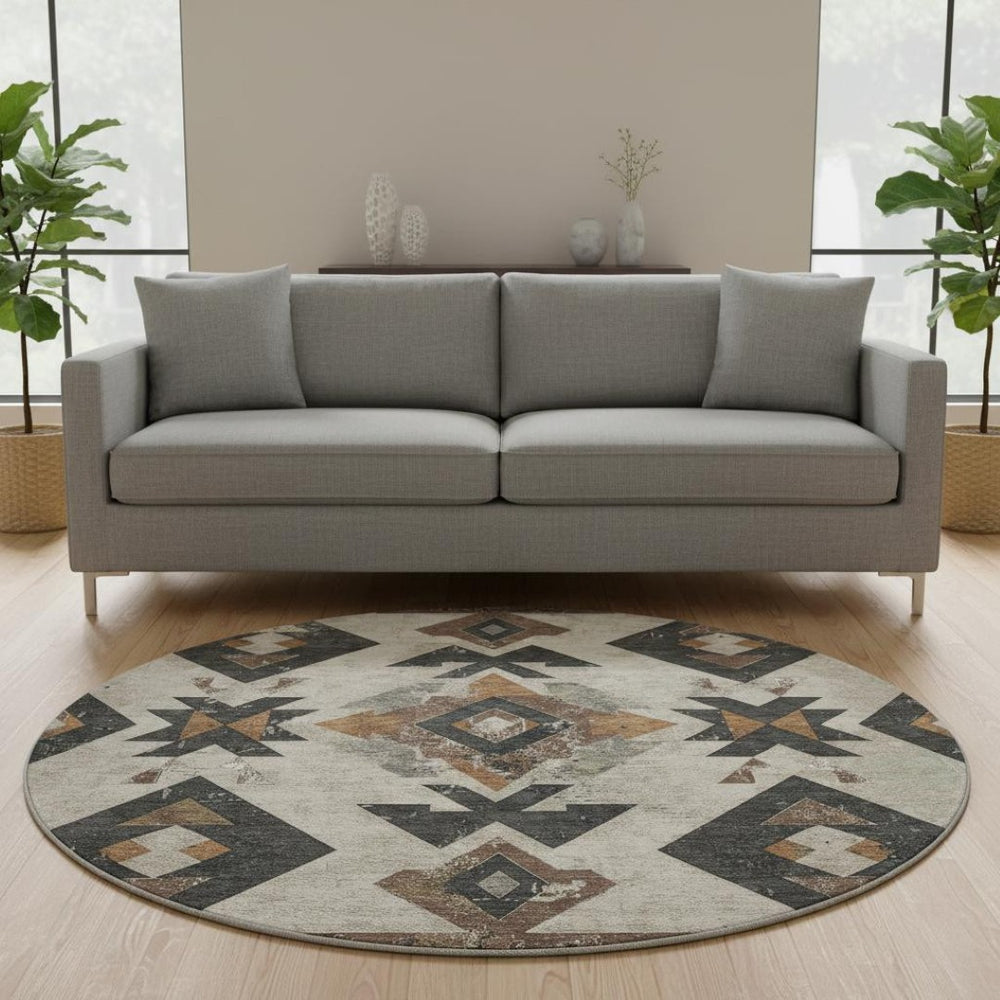 HomeRoots 8' X 10' Southwestern Beige and Charcoal Area Rug – Washable, Stain Resistant, UV Protected Design 706737