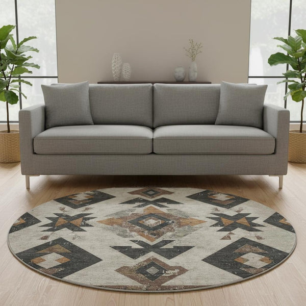 HomeRoots 8' X 10' Southwestern Beige and Charcoal Area Rug – Washable, Stain Resistant, UV Protected Design 706737