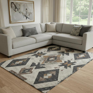 HomeRoots 9' X 12' Beige and Charcoal Southwestern Area Rug - Washable, UV Protected, Durable & Stylish Design 706738