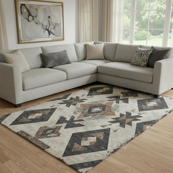 HomeRoots 9' X 12' Beige and Charcoal Southwestern Area Rug - Washable, UV Protected, Durable & Stylish Design 706738