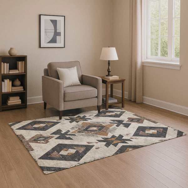 HomeRoots 9' X 12' Beige and Charcoal Southwestern Area Rug - Washable, UV Protected, Durable & Stylish Design 706738