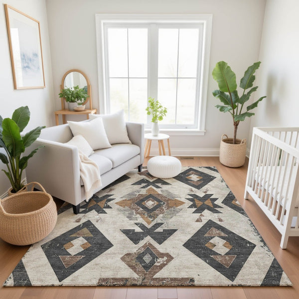HomeRoots 9' X 12' Beige and Charcoal Southwestern Area Rug - Washable, UV Protected, Durable & Stylish Design 706738