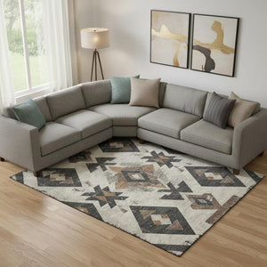 HomeRoots 10' X 14' Beige & Charcoal Southwestern Washable Area Rug – Durable, Stylish, UV Protected & Easy Care 706739