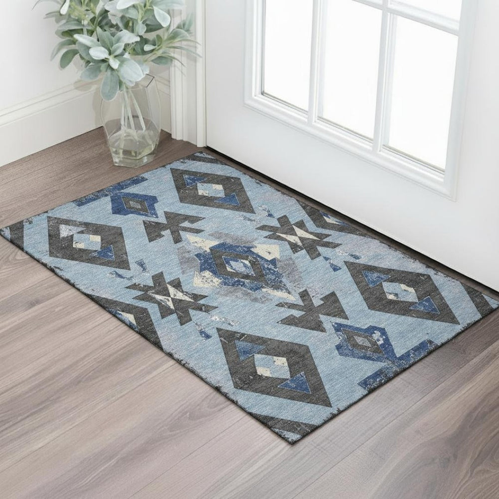 HomeRoots 5' X 8' Southwestern Area Rug in Blue, Charcoal & Ivory - Washable, UV-Protected & Non-Slip! 706741