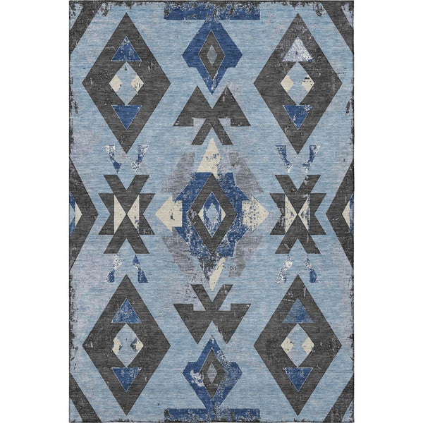 HomeRoots 5' X 8' Southwestern Area Rug in Blue, Charcoal & Ivory - Washable, UV-Protected & Non-Slip! 706741