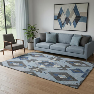 HomeRoots 8' Southwestern Washable Round Rug in Blue, Charcoal & Ivory - UV Protected, Durable & Stylish Design 706742