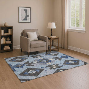 HomeRoots 8' Southwestern Washable Round Rug in Blue, Charcoal & Ivory - UV Protected, Durable & Stylish Design 706742