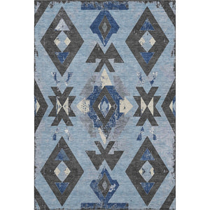 HomeRoots 8' Southwestern Washable Round Rug in Blue, Charcoal & Ivory - UV Protected, Durable & Stylish Design 706742