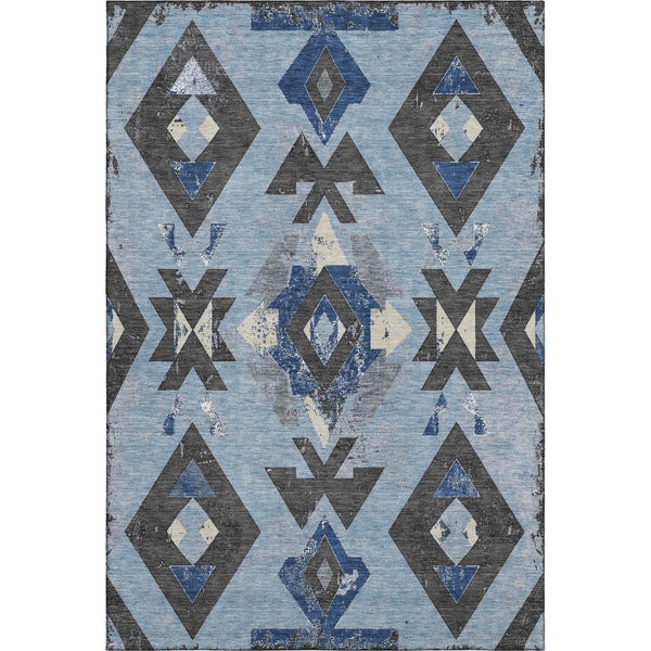 HomeRoots 8' Southwestern Washable Round Rug in Blue, Charcoal & Ivory - UV Protected, Durable & Stylish Design 706742