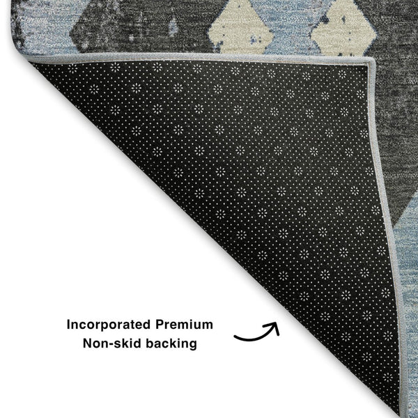HomeRoots 8' Southwestern Washable Round Rug in Blue, Charcoal & Ivory - UV Protected, Durable & Stylish Design 706742