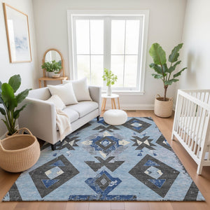 HomeRoots 8' Southwestern Washable Round Rug in Blue, Charcoal & Ivory - UV Protected, Durable & Stylish Design 706742