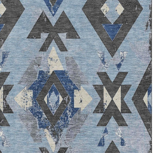 HomeRoots 8' Southwestern Washable Round Rug in Blue, Charcoal & Ivory - UV Protected, Durable & Stylish Design 706742