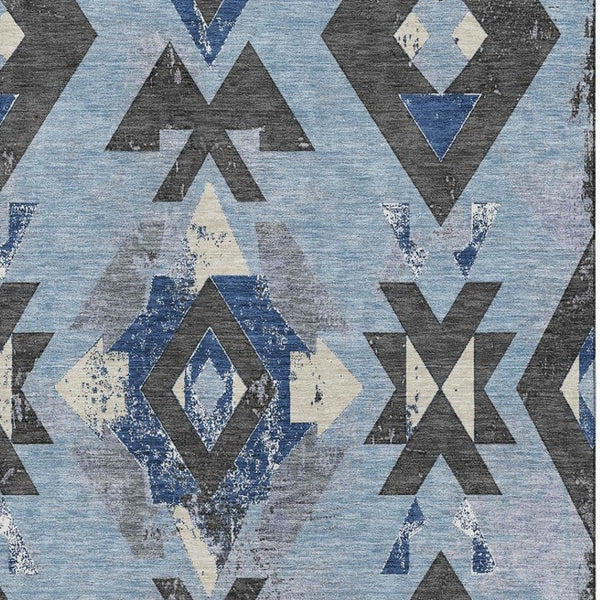 HomeRoots 8' Southwestern Washable Round Rug in Blue, Charcoal & Ivory - UV Protected, Durable & Stylish Design 706742