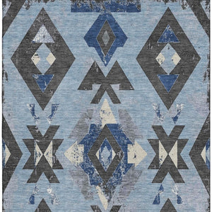 HomeRoots 8' Southwestern Washable Round Rug in Blue, Charcoal & Ivory - UV Protected, Durable & Stylish Design 706742