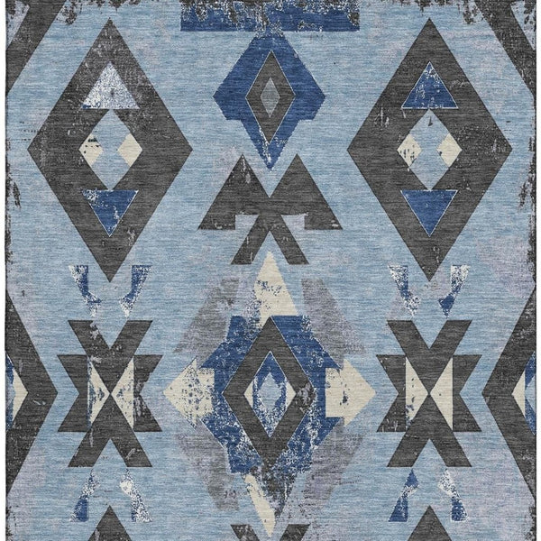 HomeRoots 8' Southwestern Washable Round Rug in Blue, Charcoal & Ivory - UV Protected, Durable & Stylish Design 706742