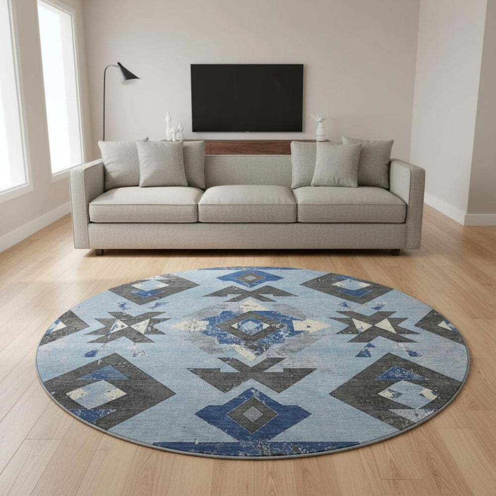 HomeRoots 8' X 10' Southwestern Washable Area Rug - Blue, Charcoal & Ivory with UV Protection for Busy Homes 706743