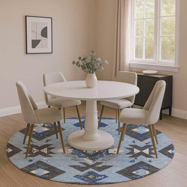 HomeRoots 8' X 10' Southwestern Washable Area Rug - Blue, Charcoal & Ivory with UV Protection for Busy Homes 706743