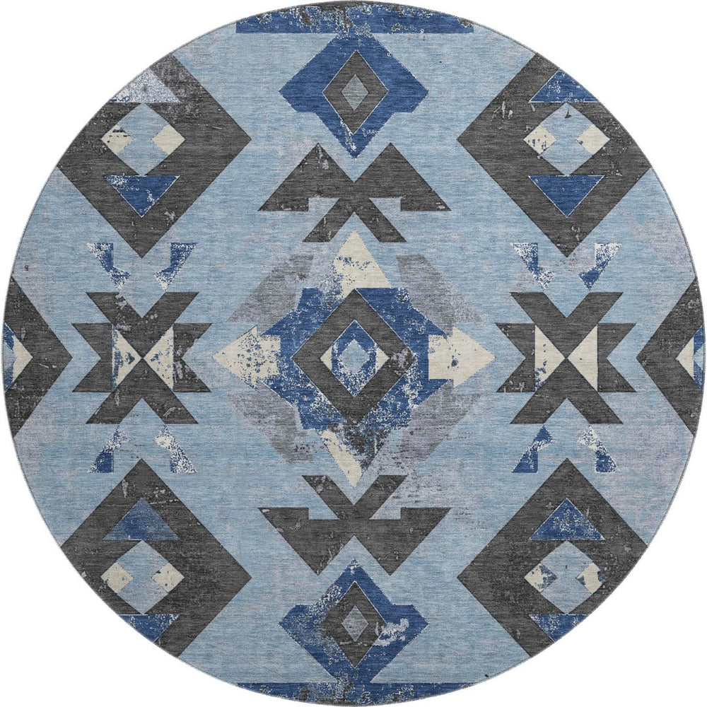 HomeRoots 8' X 10' Southwestern Washable Area Rug - Blue, Charcoal & Ivory with UV Protection for Busy Homes 706743