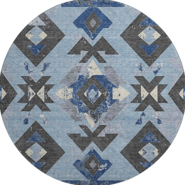 HomeRoots 8' X 10' Southwestern Washable Area Rug - Blue, Charcoal & Ivory with UV Protection for Busy Homes 706743