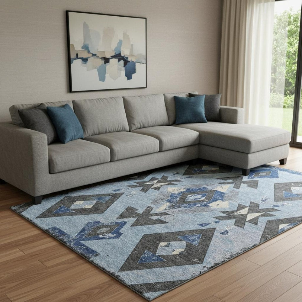 HomeRoots 9' X 12' Washable Southwestern Area Rug in Blue, Charcoal & Ivory – Durable, UV Protected & Stylish! 706744
