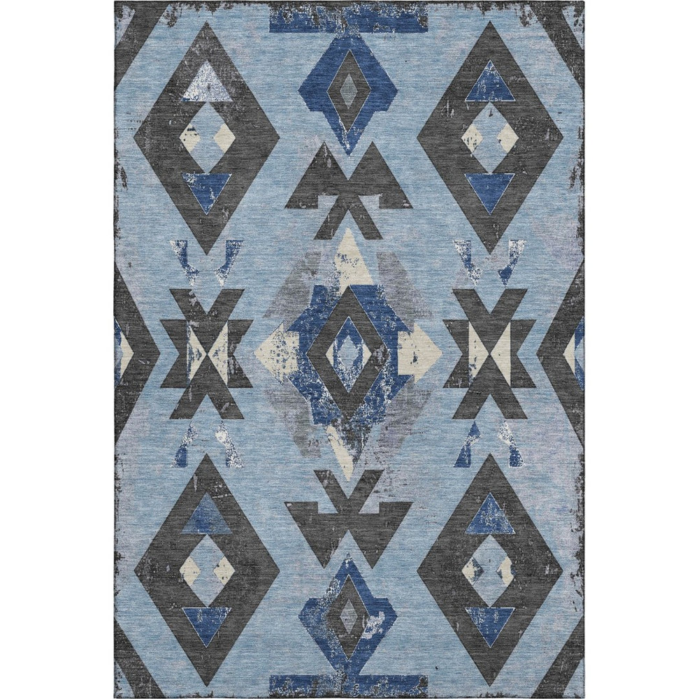HomeRoots 9' X 12' Washable Southwestern Area Rug in Blue, Charcoal & Ivory – Durable, UV Protected & Stylish! 706744