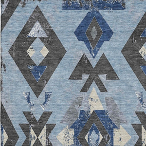 HomeRoots 9' X 12' Washable Southwestern Area Rug in Blue, Charcoal & Ivory – Durable, UV Protected & Stylish! 706744