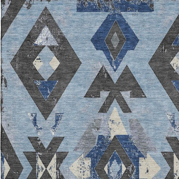 HomeRoots 9' X 12' Washable Southwestern Area Rug in Blue, Charcoal & Ivory – Durable, UV Protected & Stylish! 706744
