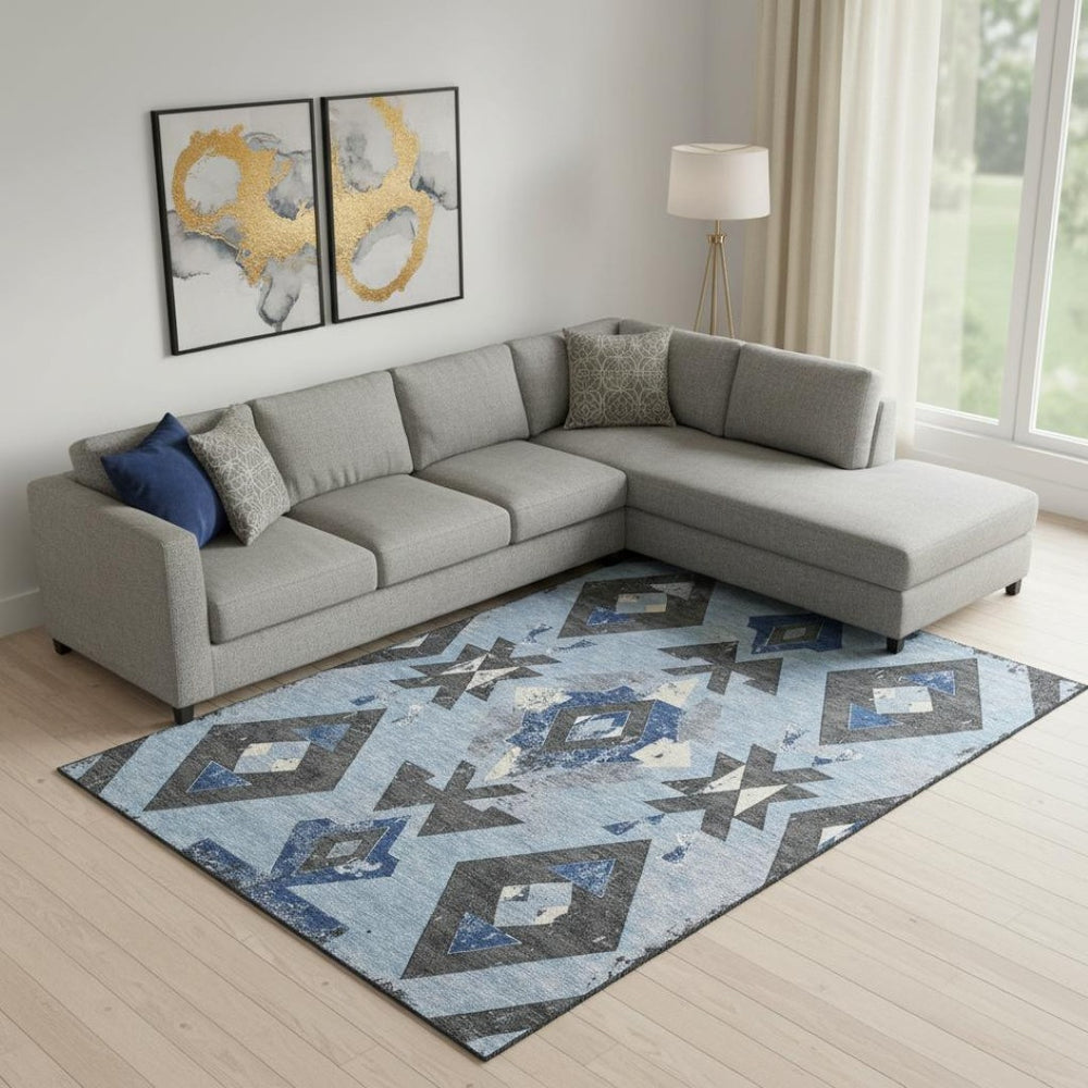 HomeRoots 10' X 14' Blue Charcoal Southwestern Area Rug - Washable, UV-Protected, Stylish & Durable Design 706745