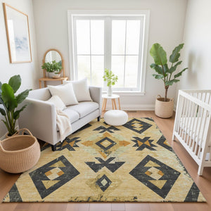 HomeRoots 5' X 8' Gold And Charcoal Southwestern Area Rug - Washable, Stain-Resistant, UV-Protected Charm! 706747