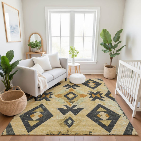 HomeRoots 5' X 8' Gold And Charcoal Southwestern Area Rug - Washable, Stain-Resistant, UV-Protected Charm! 706747