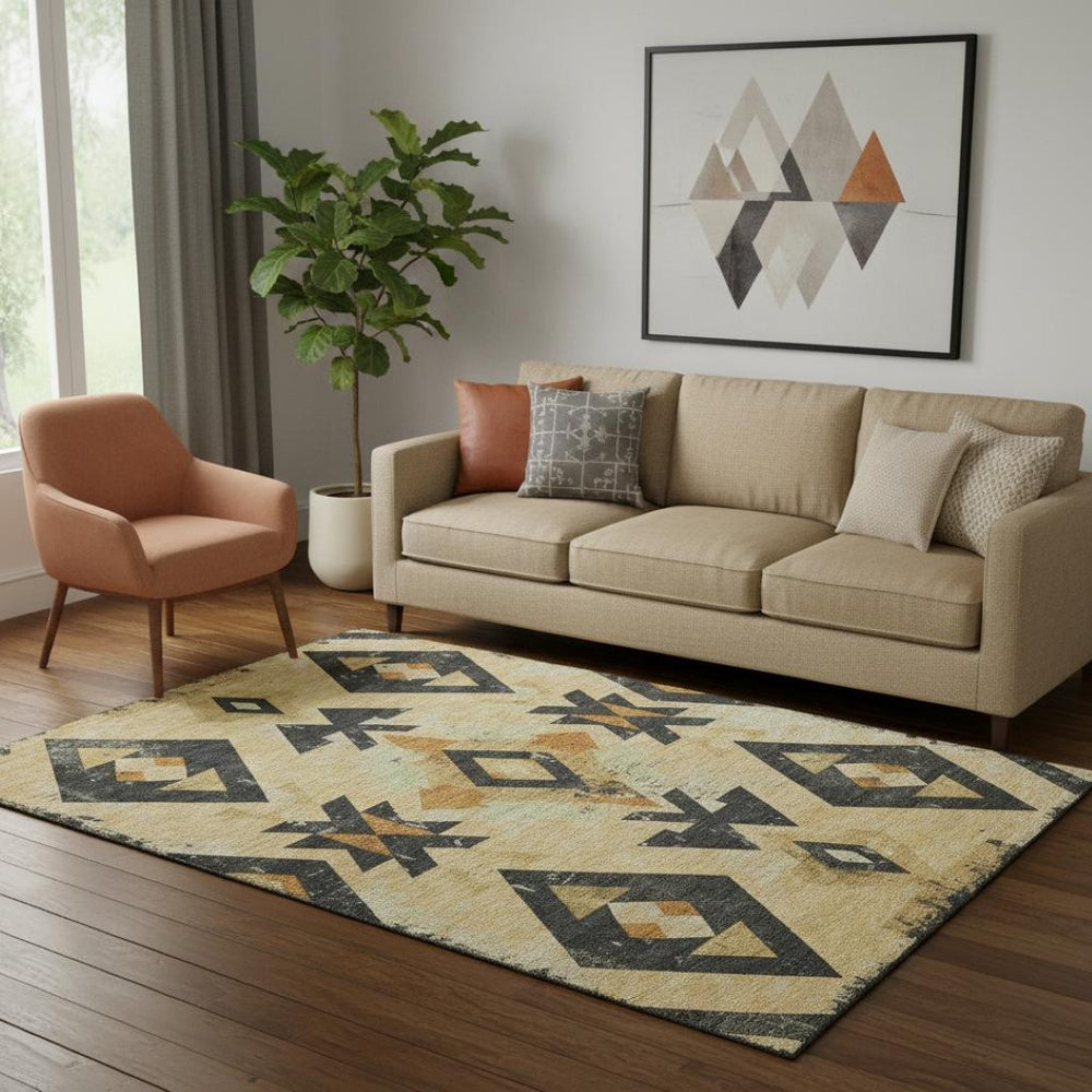 HomeRoots 8' Gold and Charcoal Southwestern Washable Round Rug - UV Protected, Stain Resistant, Stylish & Durable 706748