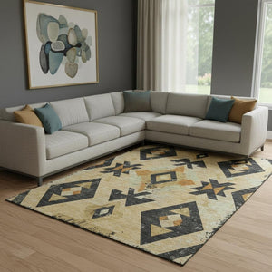 HomeRoots 9' X 12' Southwestern Gold and Charcoal Washable Area Rug with UV Protection for High-Traffic Spaces 706750