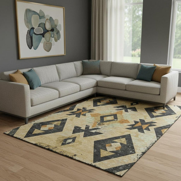 HomeRoots 9' X 12' Southwestern Gold and Charcoal Washable Area Rug with UV Protection for High-Traffic Spaces 706750