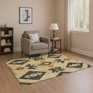 HomeRoots 10' X 14' Gold & Charcoal Southwestern Washable Area Rug - Durable, UV-Protected, Easy-Care Style! 706751