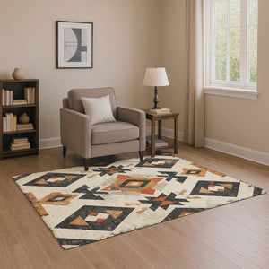 HomeRoots 5' X 8' Southwestern Area Rug in Ivory, Orange & Charcoal - Washable, UV Protected & Stain Resistant 706753