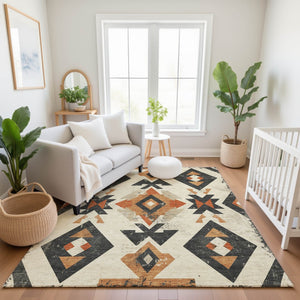 HomeRoots 5' X 8' Southwestern Area Rug in Ivory, Orange & Charcoal - Washable, UV Protected & Stain Resistant 706753
